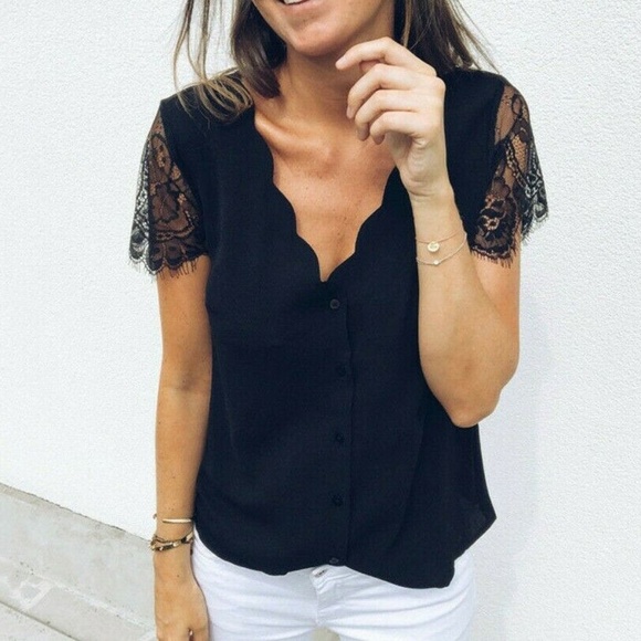 Figleaffashion Tops - Boutique Black Lace Sleeve Scalloped  Blouse